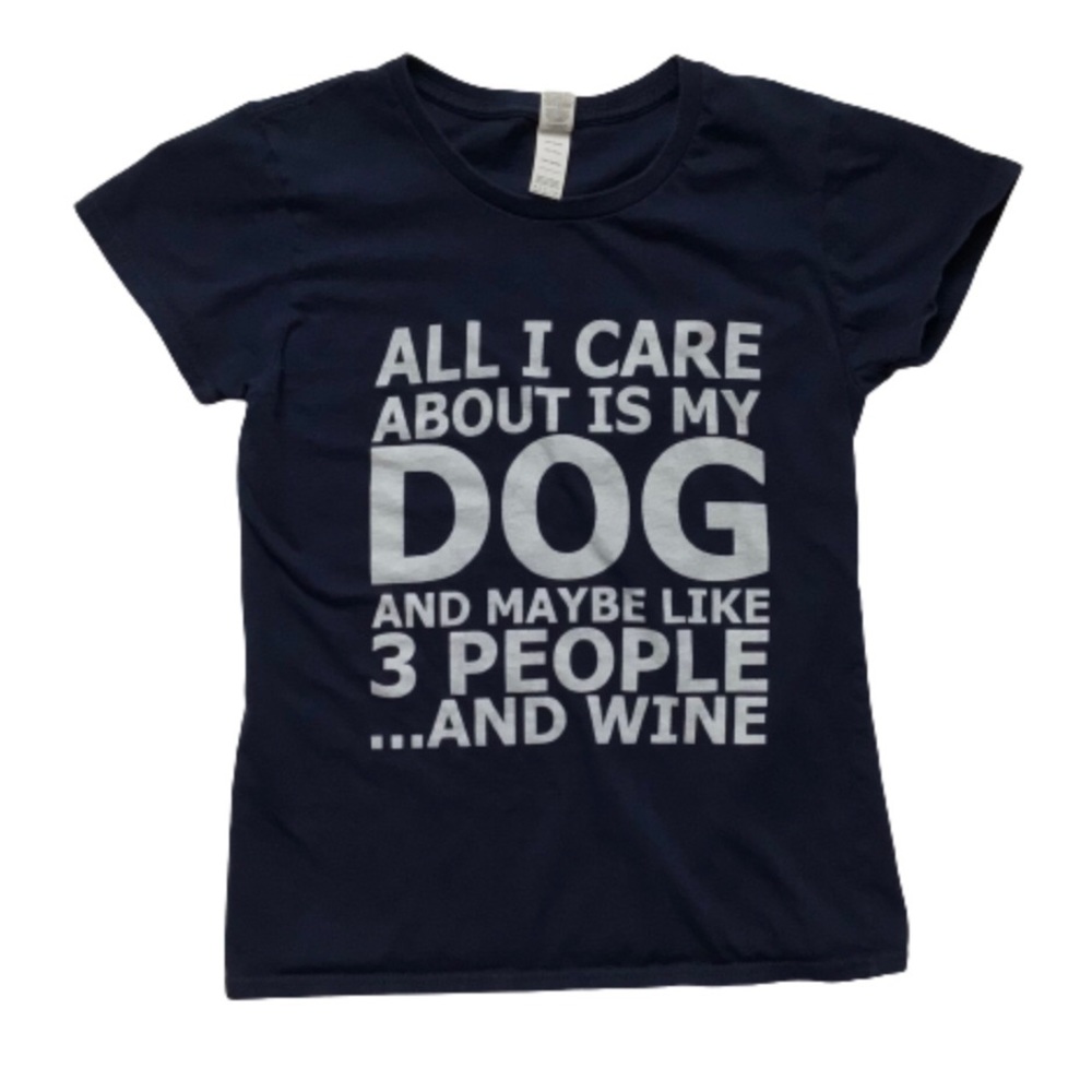 Anvil Blue Graphic All I Care About Is My Dog and Wine Short Sleeve Tee Small